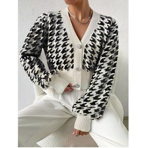 Houndstooth Lantern Sleeve Cardigan Black/White
